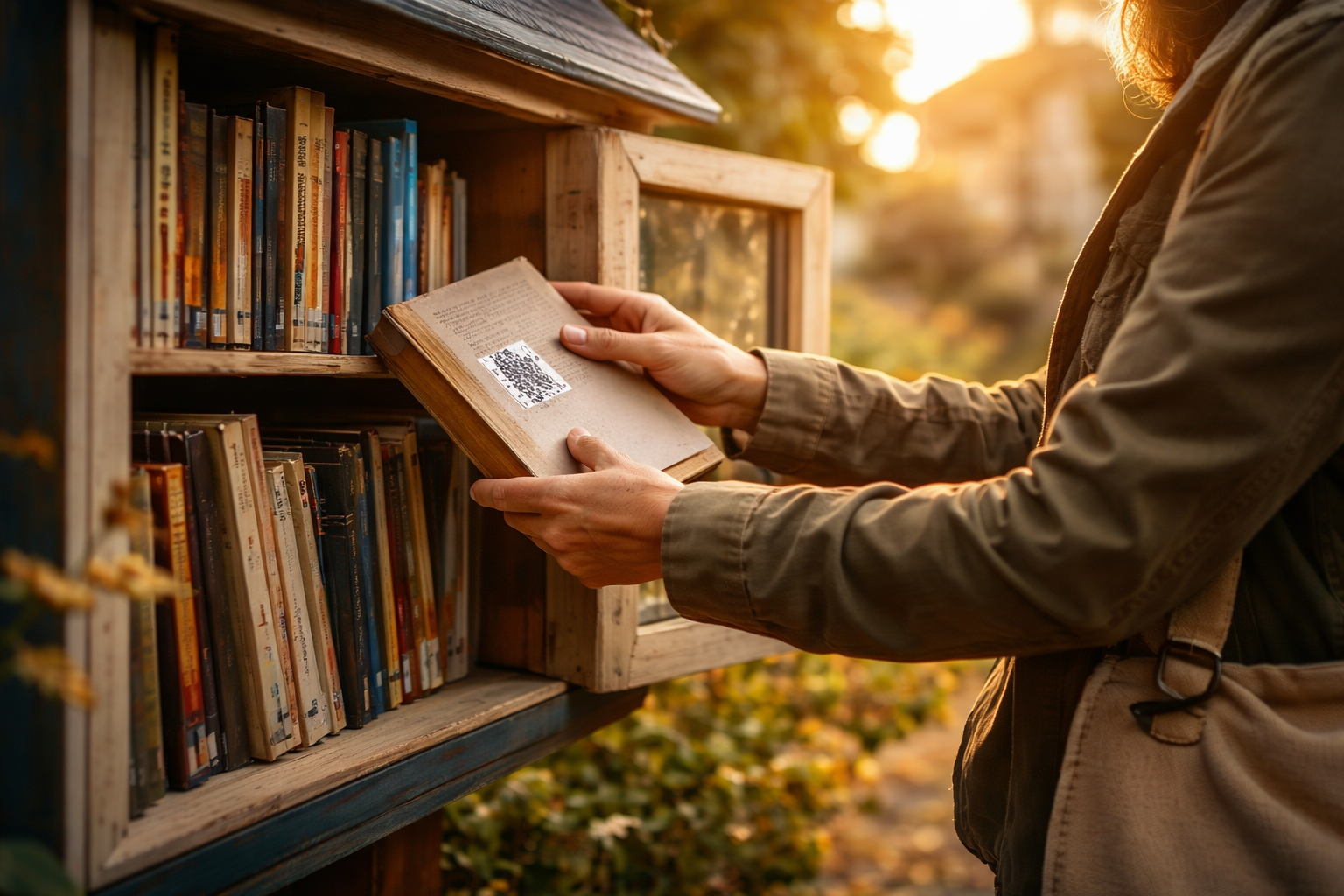 Someone discovering a book in a little free library